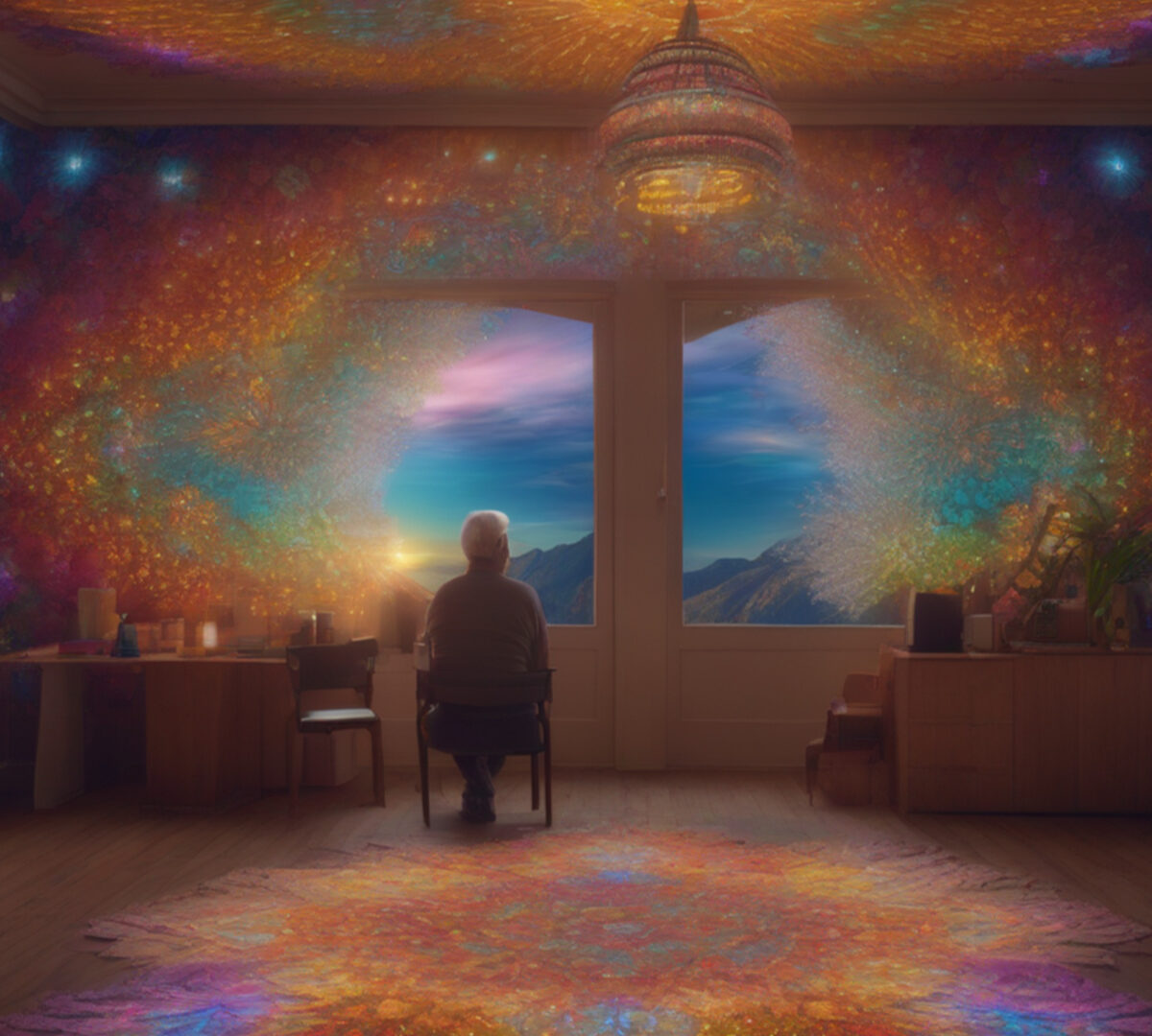 Illustration of a man on psychedelics in a colorful room