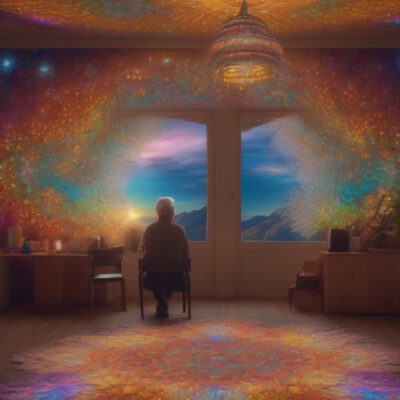 Illustration of a man on psychedelics in a colorful room